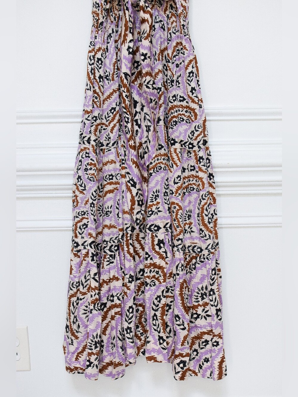 NWT Omika Monroe Maxi Dress Floral Tiered Tie Back Lilac Brown Sz M Euro Summer - Picture 9 of 13